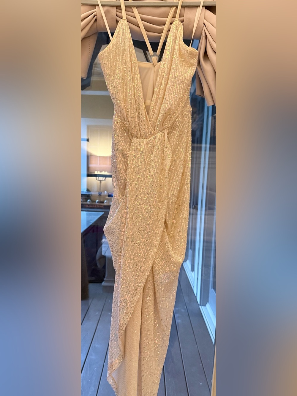 MABLE Champagne Sequin Spaghetti Strap Dress
